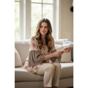 UMGEE Floral Tunic Bell Sleeve Floral Orange White Top Boho Peasant Medium